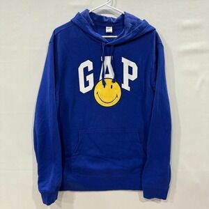 GAP Smiley Hoodie Mens M Blue Graphic Pullover Sweatshirt Collab